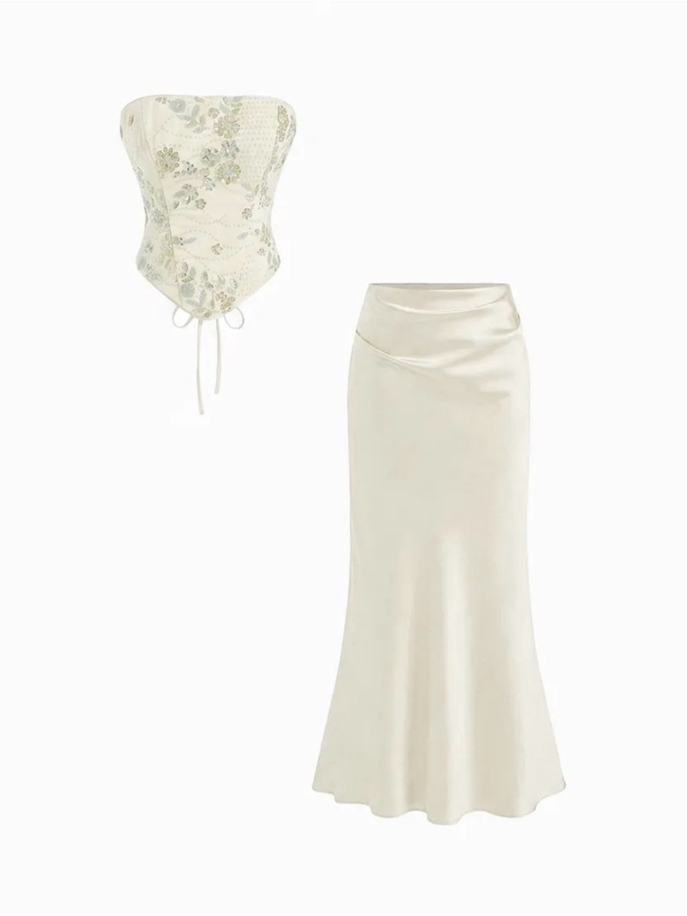 Cider Ivory Lace Corset Top and Satin Maxi Skirt Set